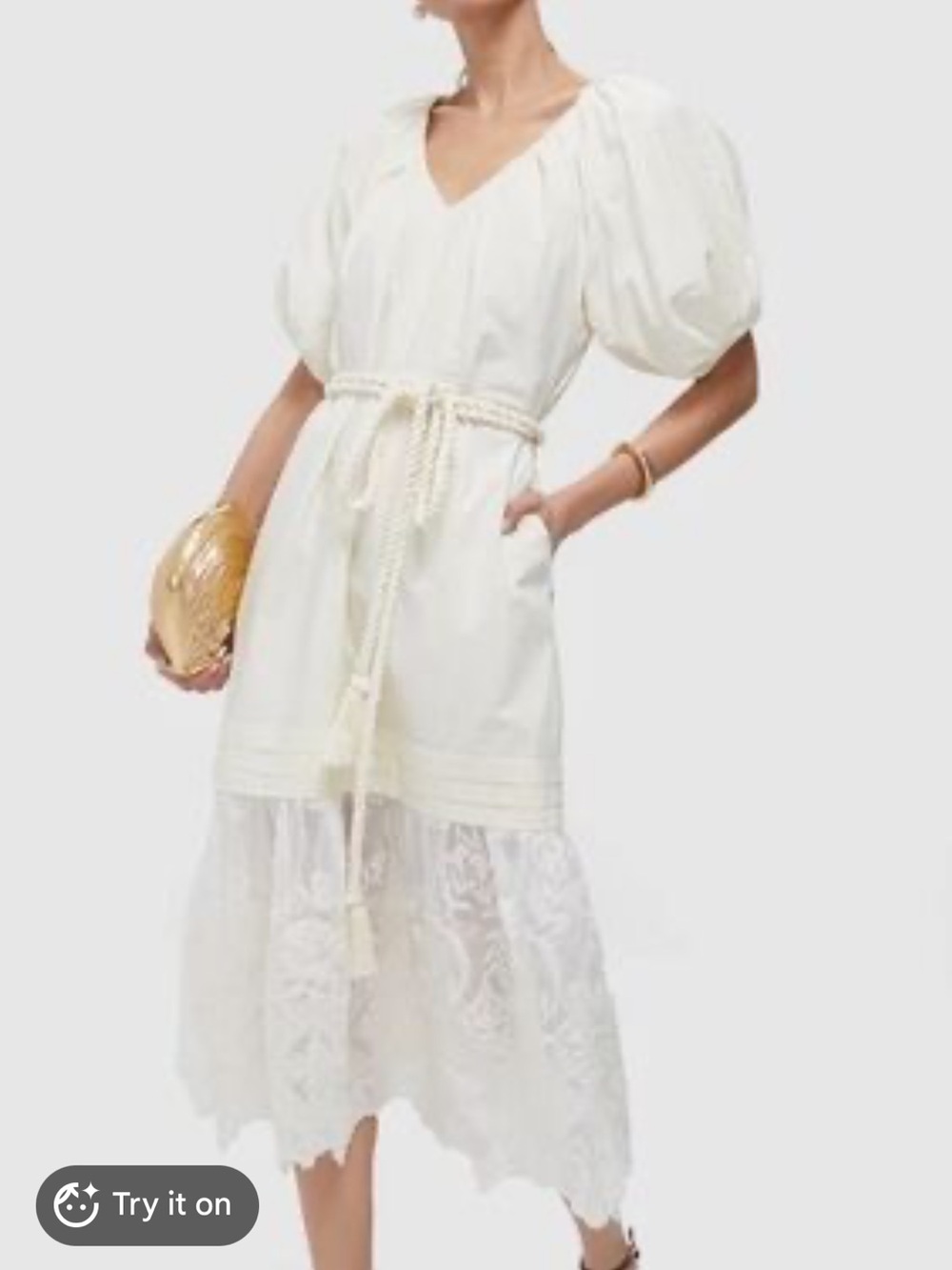 Tuckernuck Cream Puff-Sleeve Crochet-Hem Midi Dress with Rope Tie